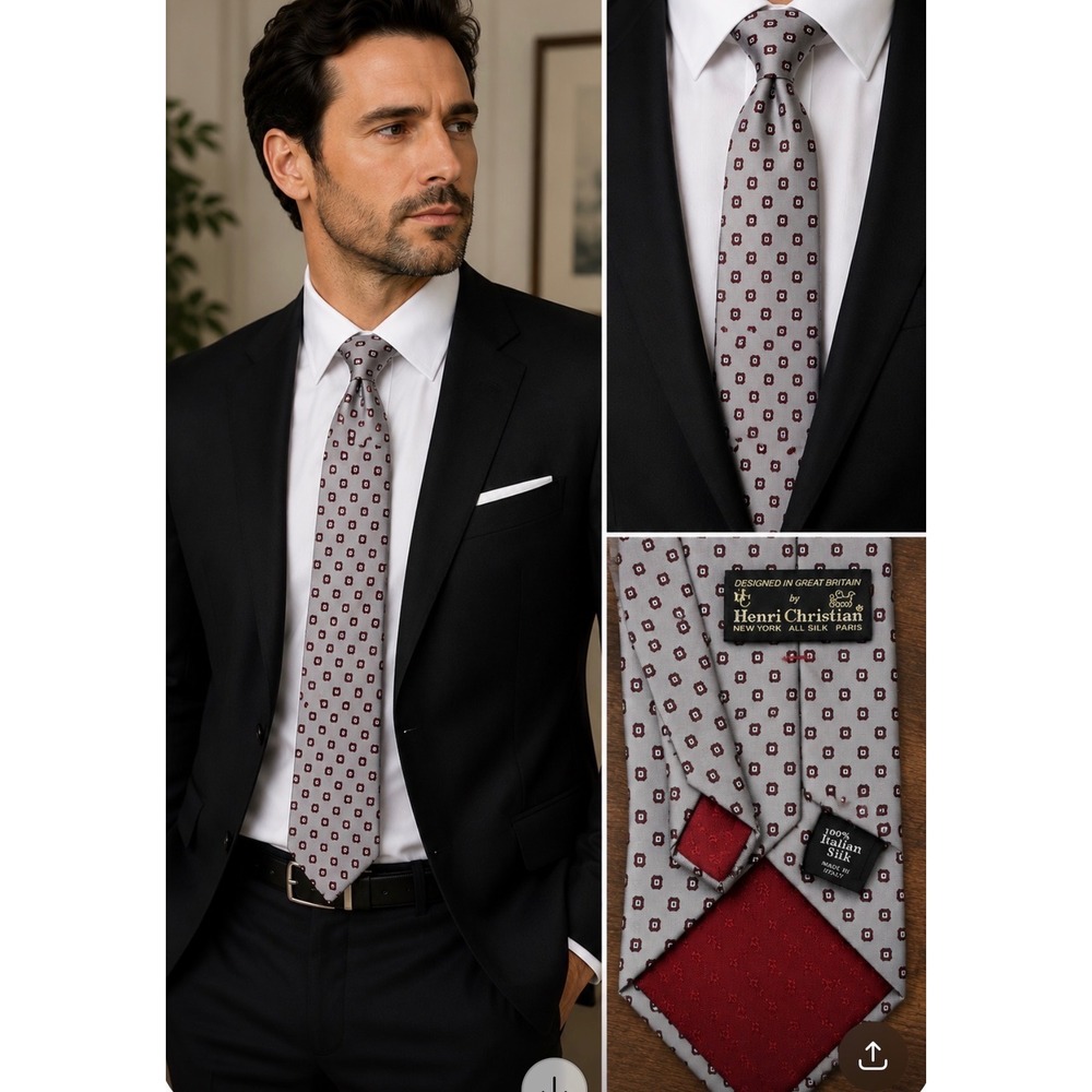 Henri Christian Mens Silk Tie Grey Burgundy Geometric Medallion Italian Silk